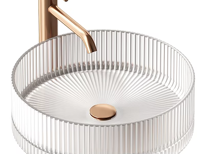 Round Transparent Ribbed Design Wash Basin With Copper Faucet And Gold Drain 3d model