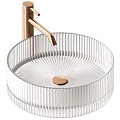 Round Transparent Ribbed Design Wash Basin With Copper Faucet And Gold Drain