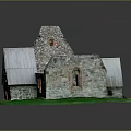 Detailed Architectural Model of Stone Building With Pointed Roofs Arched Windows and Green Grass Base