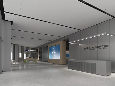 Modern Service Hall Interior With Spacious Layout Gray Walls Large Screen And Reception Counter 3d model