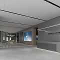 Modern Service Hall Interior With Spacious Layout Gray Walls Large Screen And Reception Counter