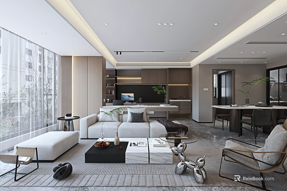 Modern Living and Dining Room Interior With Sofa Dining Table Large Windows And Area Rug 3d model 