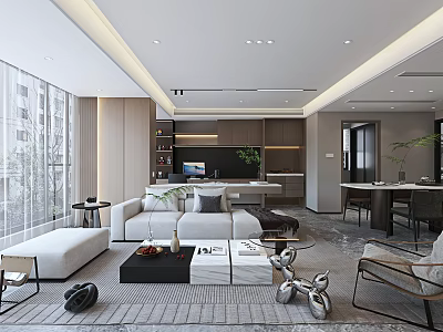 Modern Living and Dining Room Interior With Sofa Dining Table Large Windows And Area Rug 3d model