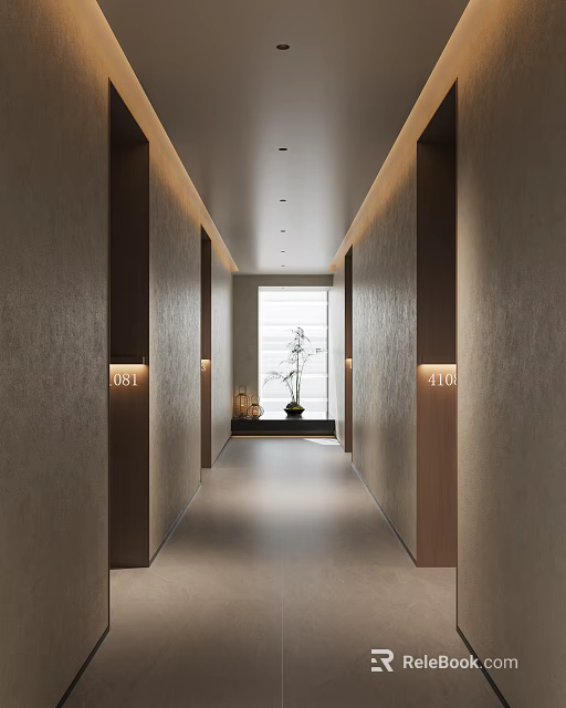 Elegant Hotel Corridor Interior Design With Room Numbers Window And Potted Plant 3d model 
