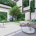Modern Garden Patio With Greenery Walls Cat Tree And Black Cat On Stone Floor