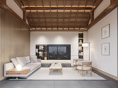 Modern Natural Living Room Interior With Wooden Ceiling Light Sofa TV Cabinet And Wall Paintings 3d model