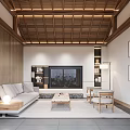 Modern Natural Living Room Interior With Wooden Ceiling Light Sofa TV Cabinet And Wall Paintings