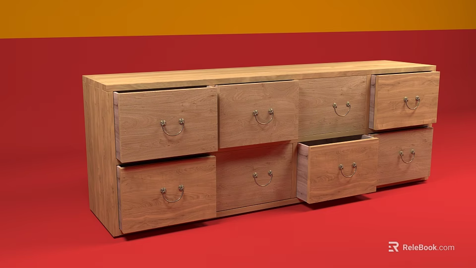 Wooden TV Stand With Multiple Drawers And Natural Wood Storage Design 3d model 