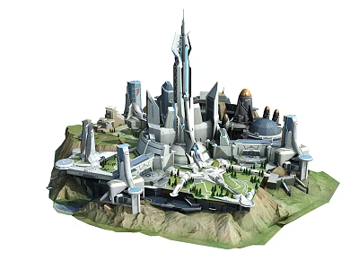 Futuristic Urban 3D Model Featuring Tall Skyscrapers Various Buildings Green Spaces and Water 3d model