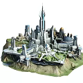 Futuristic Urban 3D Model Featuring Tall Skyscrapers Various Buildings Green Spaces and Water