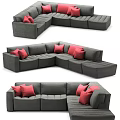 Gray Sectional Sofa With Red Cushions Modern Living Room Comfortable Seating Design 3d model
