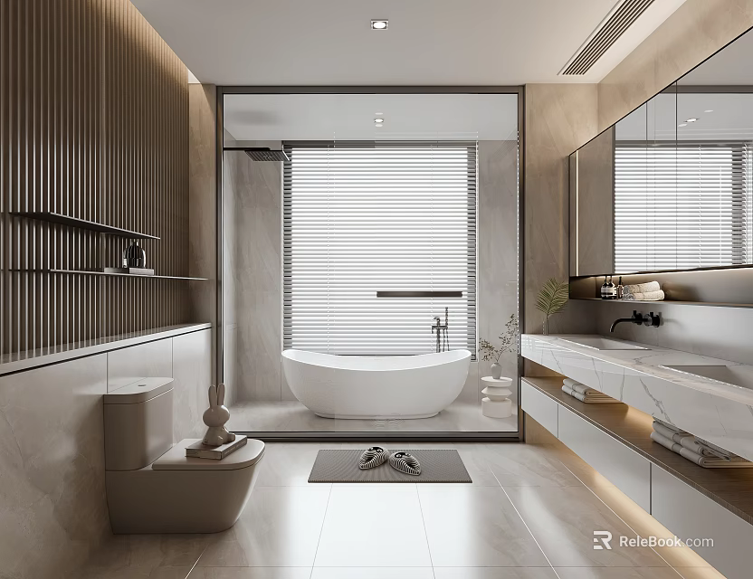 Modern Bathroom Interior Design With White Bathtub Wooden Slat Walls And Marble Vanity 3d model 