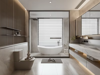 Modern Bathroom Interior Design With White Bathtub Wooden Slat Walls And Marble Vanity 3d model