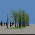 Serene Garden Landscape With Neatly Arranged Trees Grass Area Open Plaza And People Gathering