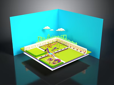 Colorful 3D Playground Scene With Green Lawn Play Equipment And White Clouds 3d model