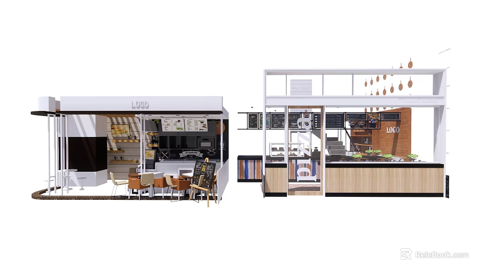 Lavie Shop Exterior And Interior Design With Counter Tables Chairs Staircase And Decorations 3d model 
