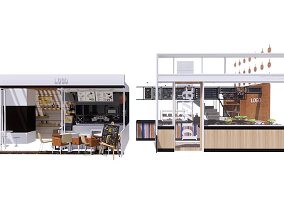 Lavie Shop Exterior And Interior Design With Counter Tables Chairs Staircase And Decorations 3d model