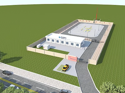 Industrial Factory Building Featuring Enclosed Fence Entrance Gate Parked Vehicle And Green Lawn 3d model