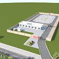 Industrial Factory Building Featuring Enclosed Fence Entrance Gate Parked Vehicle And Green Lawn