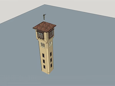 Traditional Multi Story Tower With Red Roof Light Colored Walls And Windows 3d model