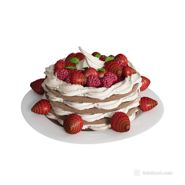 Layered Naked Cake With Whipped Cream Topped With Fresh Strawberries And Raspberries On White Plate 3d model 