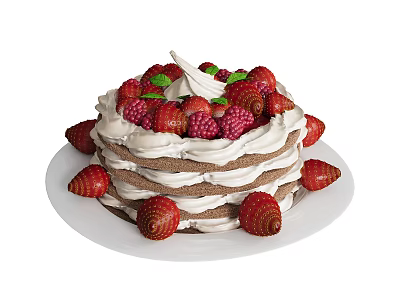 Layered Naked Cake With Whipped Cream Topped With Fresh Strawberries And Raspberries On White Plate 3d model