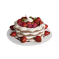 Layered Naked Cake With Whipped Cream Topped With Fresh Strawberries And Raspberries On White Plate