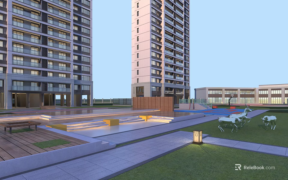 Modern High Rise Residential Landscape with Lawn Benches Lighting Walkways and Greenery 3d model 