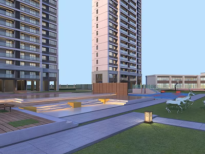 Modern High Rise Residential Landscape with Lawn Benches Lighting Walkways and Greenery 3d model