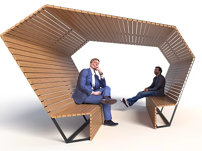 Modern Wooden Landscape Seat With Unique Geometric Design And People Sitting 3d model