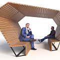Modern Wooden Landscape Seat With Unique Geometric Design And People Sitting