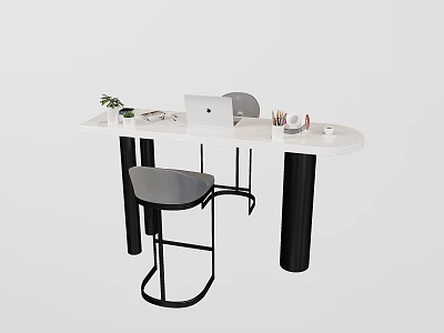 Modern Bar Counter Featuring White Countertop Black Legs Gray Stools Laptop Green Plant Stationery Cup 3d model