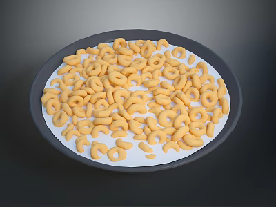 Pile Of Appetizing Yellow Ring Shaped Snacks On Black Plate 3d model