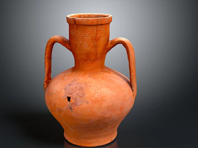 Hand Carved Terracotta Vase Sculpture With Two Handles And Orange Finish 3d model