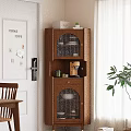 Wooden Sideboard With Glass Doors Open Shelf Coffee Machine And Green Plant In Dining Room