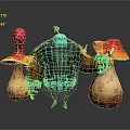 Cartoon Character With Orange Yellow Feathered Body Holding Two Red Cap Mushrooms With White Spots