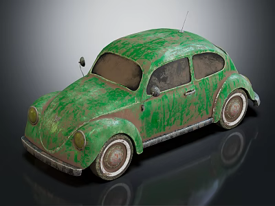 Vintage Volkswagen Beetle Car With Weathered Green Paint Classic Retro Design And Distressed Exterior 3d model