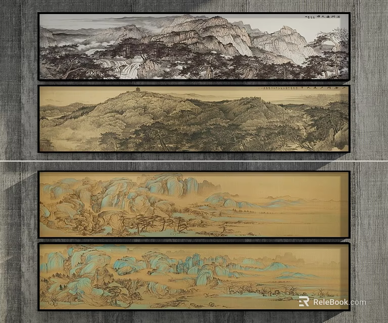 Abstract Chinese Landscape Paintings With Mountain River And Tree Scenery In Different Tones 3d model 