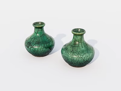 Two Green Ceramic Vases With Crackle Texture On White Background 3d model