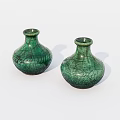 Two Green Ceramic Vases With Crackle Texture On White Background