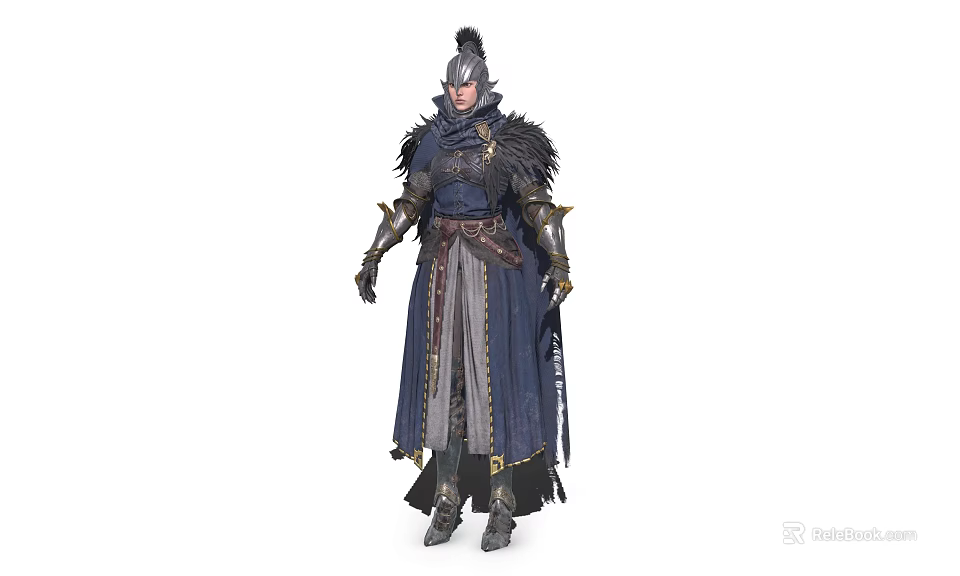 Game Movie Warrior Character In Deep Blue Robe With Golden Decorations Feathered Shoulders And Helmet 3d model 