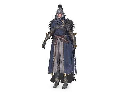 Game Movie Warrior Character In Deep Blue Robe With Golden Decorations Feathered Shoulders And Helmet 3d model