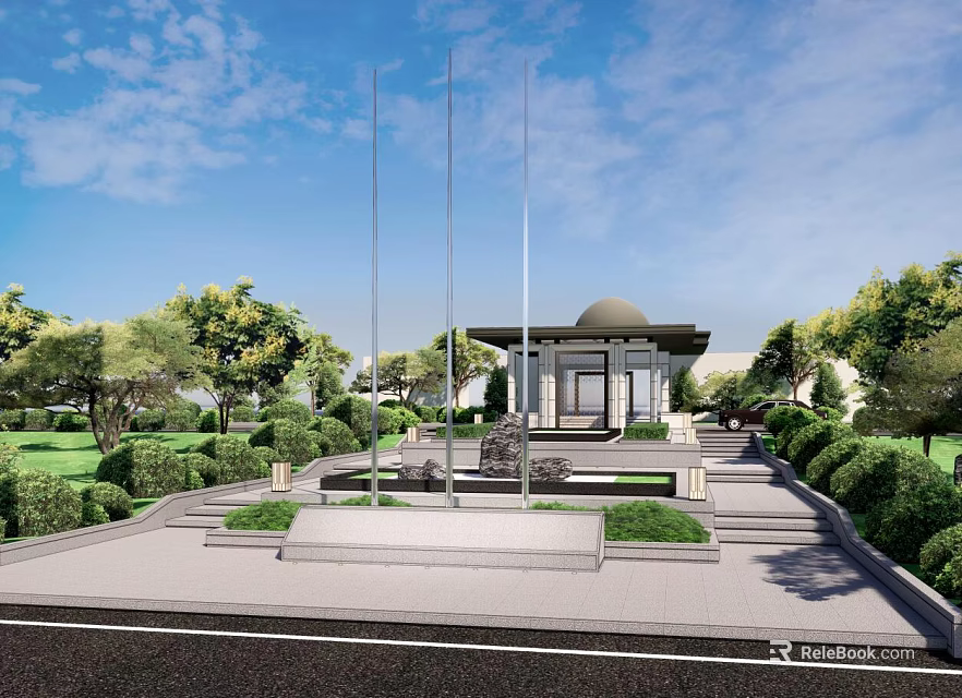 Plaza Landscape With Blue Sky White Clouds Trees Bushes Dome Building Stone Steps And Flagpoles 3d model 