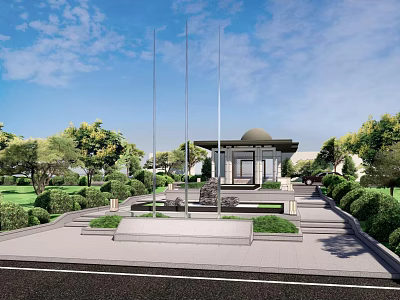 Plaza Landscape With Blue Sky White Clouds Trees Bushes Dome Building Stone Steps And Flagpoles 3d model