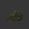 Scenic Cliffside Hotel Building With Waterfall Pine Trees Wooden Dock And Small Boat