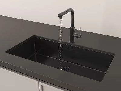 Black Kitchen Sink With Running Water From Black Faucet On Sleek Countertop And White Cabinets 3d model
