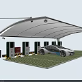 Modern Canopy Structure Covering Electric Car Charging Station with Charging Stations and Vehicle