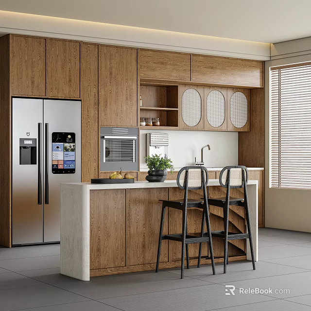 Modern Restaurant Kitchen With Wooden Cabinets Island Counter Stainless Steel Fridge And Bar Stools 3d model 