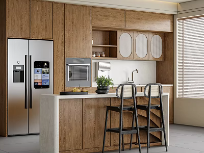 Modern Restaurant Kitchen With Wooden Cabinets Island Counter Stainless Steel Fridge And Bar Stools 3d model