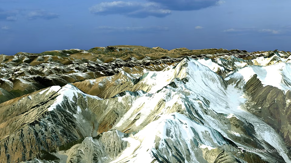 Scenic Snow Capped Mountain Landscape With Rocky Peaks And Cloudy Blue Sky 3d model 